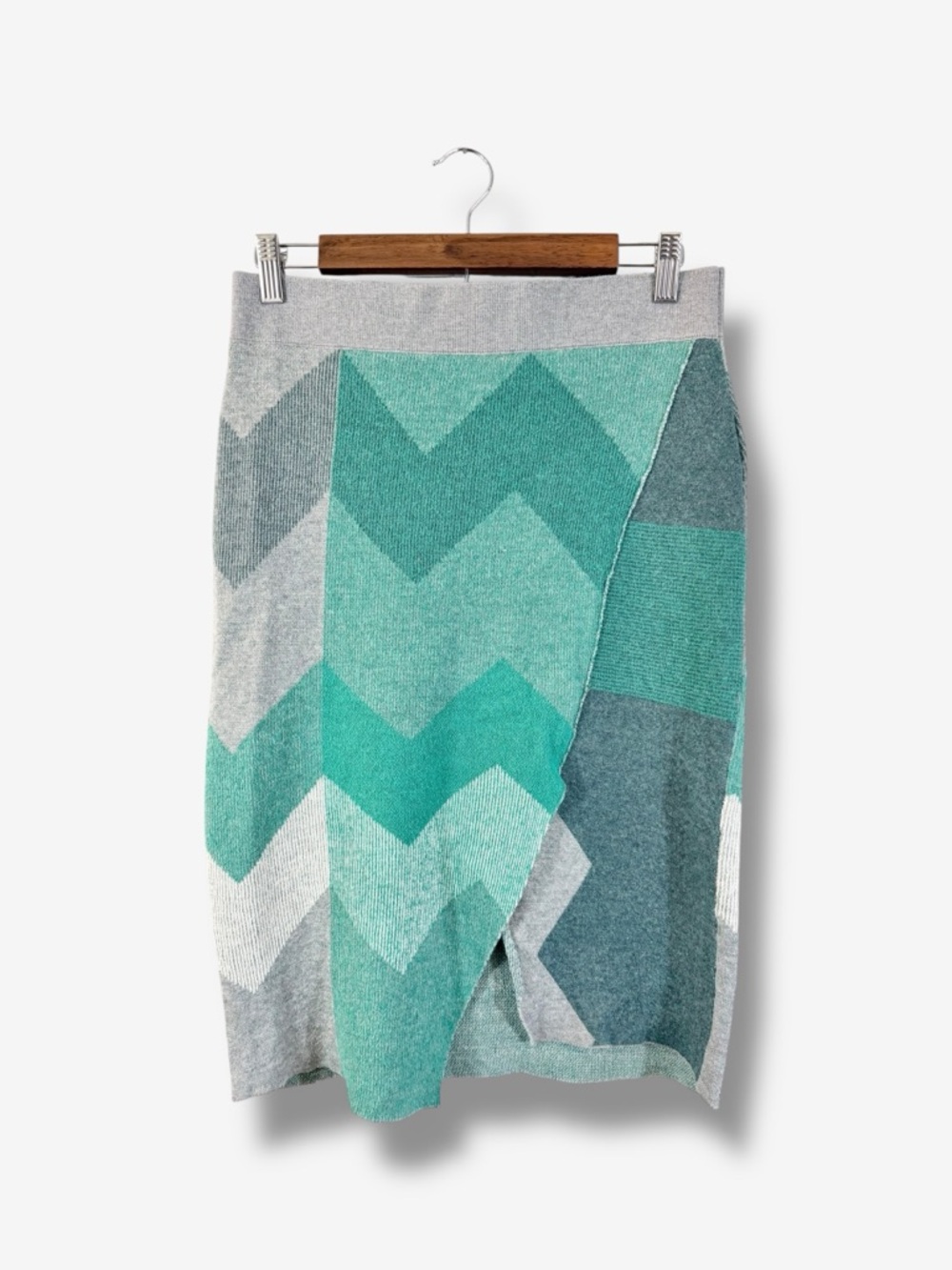 Anthropologie Moth Knit Faux Wrap Pencil Skirt Size M Green Gray Chevron Stripe